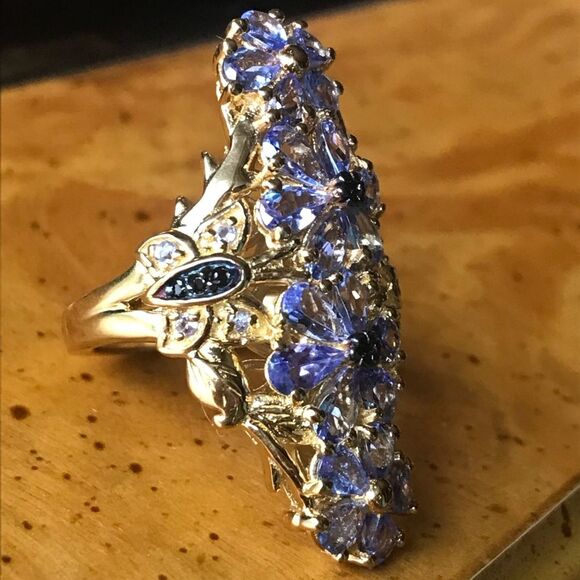 Natural Tanzanite Black Spinel Sterling Silver Cocktail Ring Size 6 - Picture 2 of 9